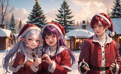 anime characters dressed in santa outfits standing in front of a snowy village