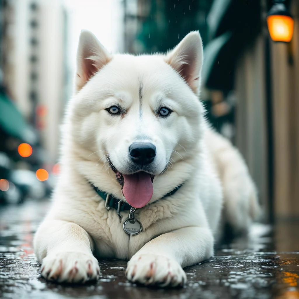 (a close up:1.2) of a white fat husky dog  laying on the ground,( rainy streets in the background:1.2),ultra detailed fur,(night:1.2),(depth of field:1.1),night town,cinematic shot,emphasis lines,explosion,motion blur,night,no humans,,outdoors,(rain:1.2),realistic,sky,water,(wet:1.2),8k uhd,dslr,soft lighting,high quality,(film grain:1.2),(Fujifilm XT3:1.2),teal and orange,(national geographic:1.2),award winning,close up beatiful dog eyes,