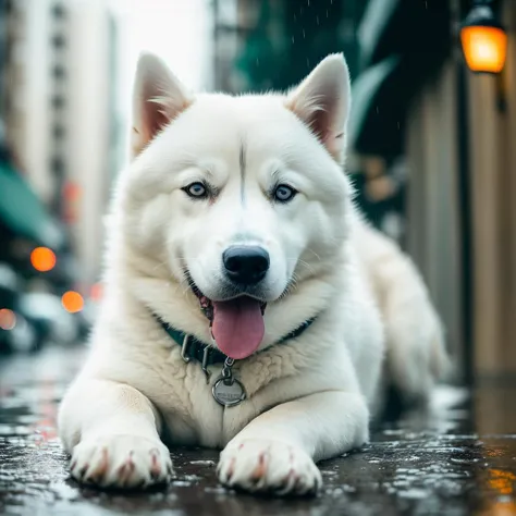 (a close up:1.2) of a white fat husky dog  laying on the ground,( rainy streets in the background:1.2),ultra detailed fur,(night...