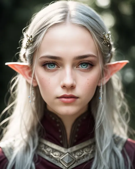 (detailed face, detailed eyes, clear skin, clear eyes), lotr, fantasy, elf, female, silver hair, looking at viewer, portrait, ph...