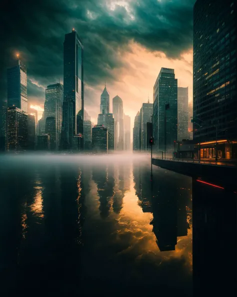 A stormy sky over a cityscape with tall buildings, Tilting, Negative Space, separation light, high key masterpiece, realistic, a...