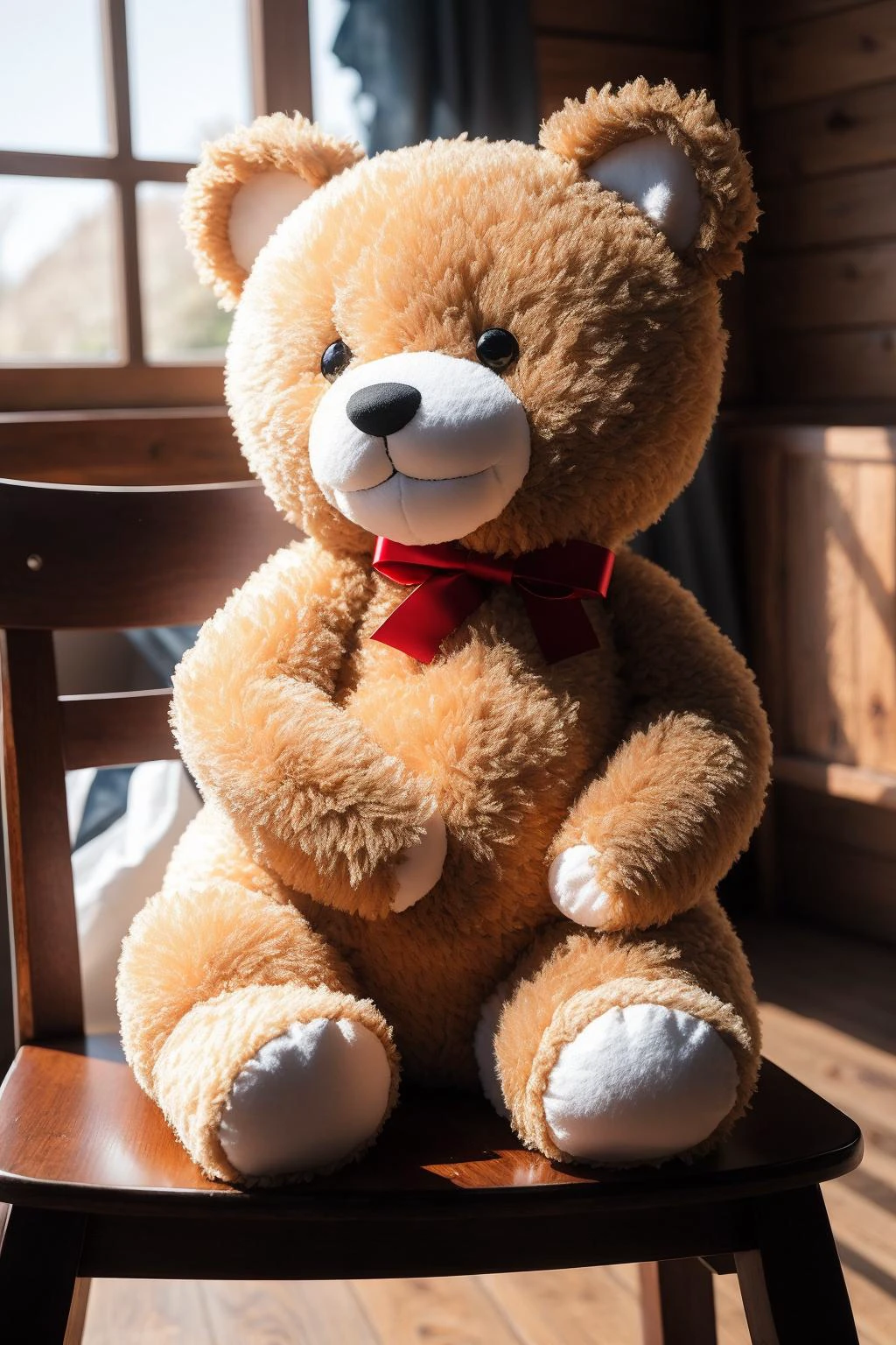 A charming teddy bear sitting on a vintage wooden chair, surrounded by soft, warm studio lighting that accentuates its fuzzy texture. The camera captures a close-up shot (lens: 70mm) from a slightly low angle, showcasing intricate details of its stitched nose and button eyes. The render should aim for hyperrealistic 3D with a (high resolution: 1.2) output. Take inspiration from professional photographers on platforms like Behance and Deviantart