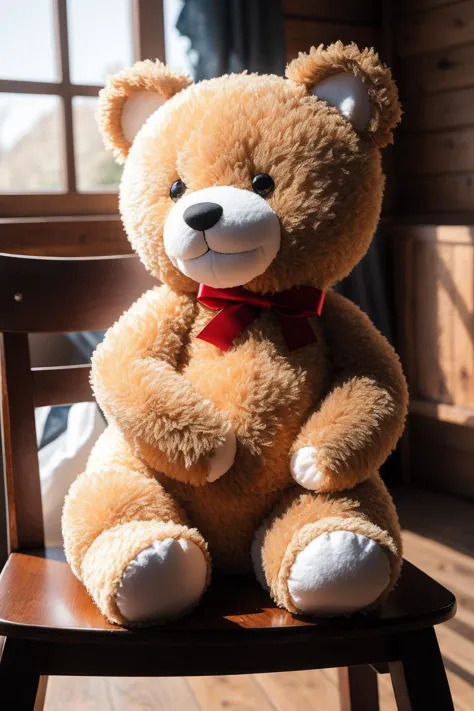 A charming teddy bear sitting on a vintage wooden chair, surrounded by soft, warm studio lighting that accentuates its fuzzy tex...