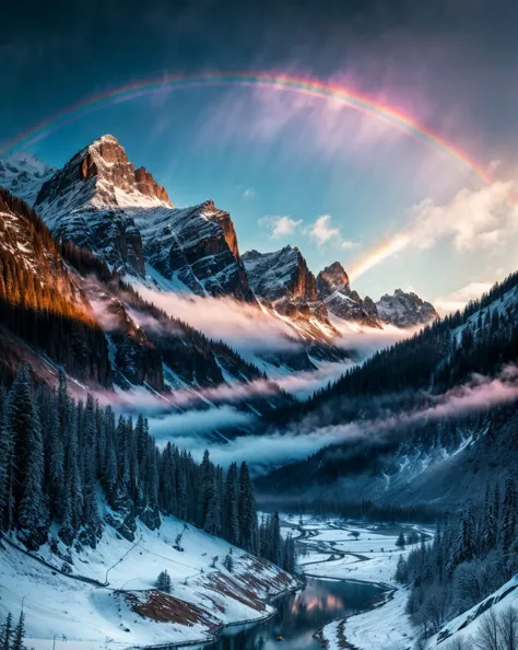 A rainbow over a mountain lake surrounded by snow capped peaks, Chromatic, Comic Book, Floral, ambient light, backlight masterpi...