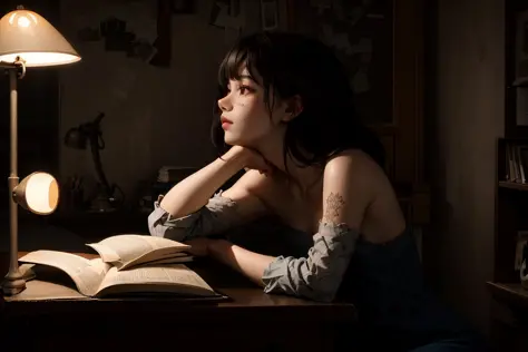 masterpiece, best quality, 
dark shot, a girl reading a book, Girl's messy bedroom,
In the quiet solitude of a late-night room, a girl finds herself immersed in the pages of a mysterious book, her face illuminated by the warm glow of a desk lamp, as her imagination brings to life a world of wonder, nostalgia, and a subtle touch of loneliness,
detailed skin texture, detailed cloth texture,  beautiful detailed face, intricate details, ultra detailed,
rim lighting, side lighting, cinematic light, ultra high res, 8k uhd, film grain,best shadow, delicate, RAW,  award winning photo,