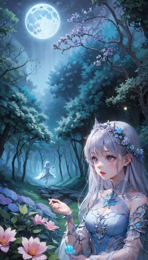 masterpiece, best quality, 
Curious girl following creature, girl's surprised and interested expression, enchanting colorful creature, moonlit fantastical forest, shining stars, beautiful flowers, mysterious atmosphere, winding path, unknown adventure, pastel pinks, purples, blues, white and silver moonlight, girl's whimsical attire, purity and dreamy symbolism, magical nocturnal flora and fauna,