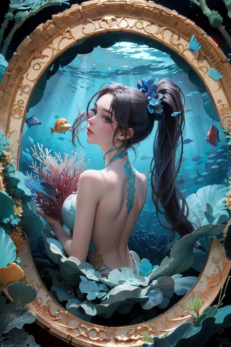 masterpiece, best quality, Alphonse Mucha, art nouveau,
 (tarot card style:1.3),  tarot framework with deep-sea motifs,  
(dark shot:1.2), blue theme, dark and glowing, caustics, 
1girl, grey brond hair, absurdly long hair, ponytail, upper body,  from side, looking back, 
underwater flowers,
In the enigmatic depths of the ocean, a luminescent princess adorned with seashell and scale-inspired attire, among bioluminescent creatures, ancient underwater ruins, and vibrant coral reefs, where darkness and light coalesce to reveal the secrets of the deep,
 hyper realistic lifelike 3d,
 <lora:hipoly3DModelLora_v20:0.4>,