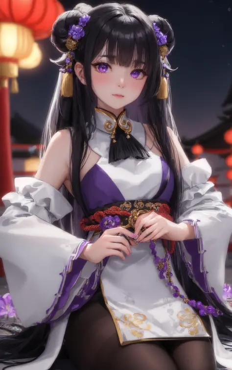 full shot of Ganyu,
detailed face, detailed skin, skin pores,
big purple eyes, long lashes, ahoge, sidelocks, blush, bangs,
closed Japanese dress, bare shoulders, black gloves, detached white sleeves, black pantyhose, flower knot, Chinese knot, neck bell, tassel, long blue hair,
thin symmetrical curled semi-black horns,
at night, beautiful lights, outdoors, milky way,
photo, 4k, intricate details, sharp details