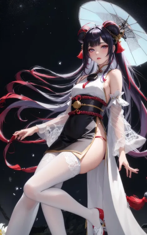 full-body realistic shot of Ganyu, sharp details, natural texture wet white skin, intricate closed Japanese dress, big purple eyes, long lashes, red-black horns, thick long (blue hair), ahoge, sidelocks, blush, bangs, bare shoulders, black gloves, detached white sleeves, black pantyhose, flower knot, Chinese knot, neck bell, tassel, at night, outdoors, beautiful lights, milky way