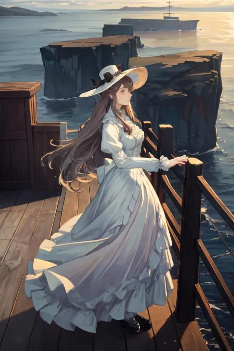 a beautiful victorian woman standing on a pier. looking out wistfully over the sea. wide-brimmed hat. low clouds, sunset. high d...