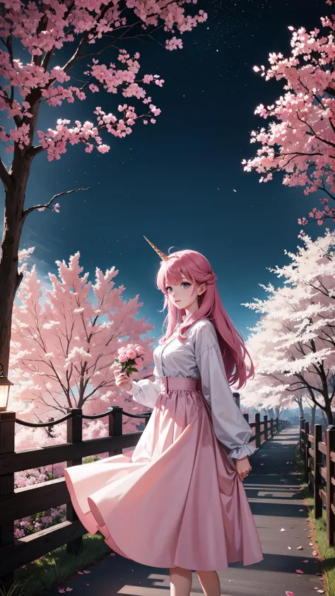 ((best quality)), ((masterpiece)), forest path filled with pink trees, Night time, talking a stroll, unicorn