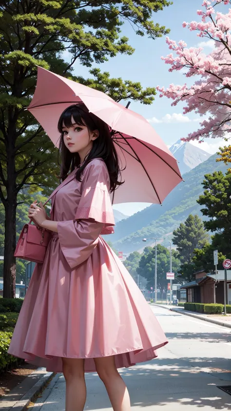 ((best quality)), ((masterpiece)), pink trees, beautiful background, talking a stroll