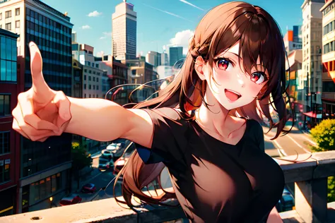 anime girl with long brown hair pointing at camera in city