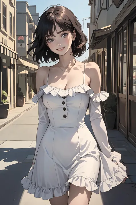 anime girl in white dress walking down the street