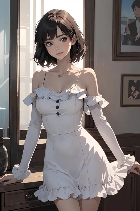 anime girl in white dress posing in front of a dresser