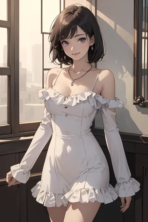 anime girl in white dress posing by window with city view