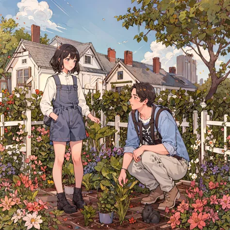 anime scene of a man and a woman in a garden