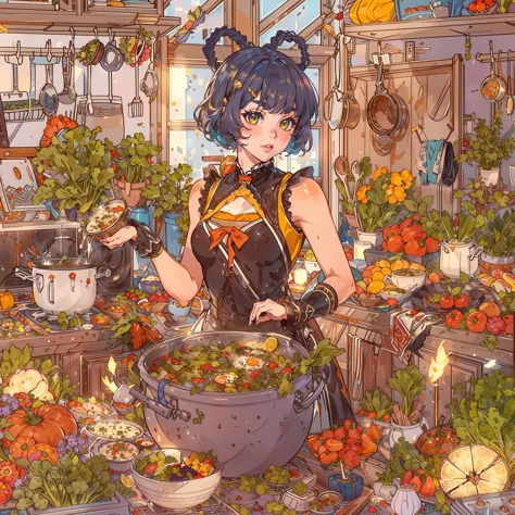 anime girl in a kitchen with a large pot of vegetables