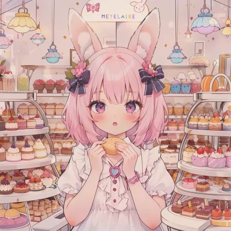 masterpiece, best quality, extremely detailed, (1girl, solo), pink hair, hare ears, pink eyes, upper body, candy shop, cakes, bo...