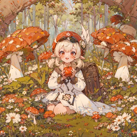 /masterpiece, best quality, extremely detailed, (1girl, solo), <lora:klee1-000009:1>, Messy_art, kleedef, klee \(genshin impact\), hat, Red eyes, detailed background, sits on the grass, in the forest, holding apple, lot of mushrooms around, happy, <lyco:Messy:1>