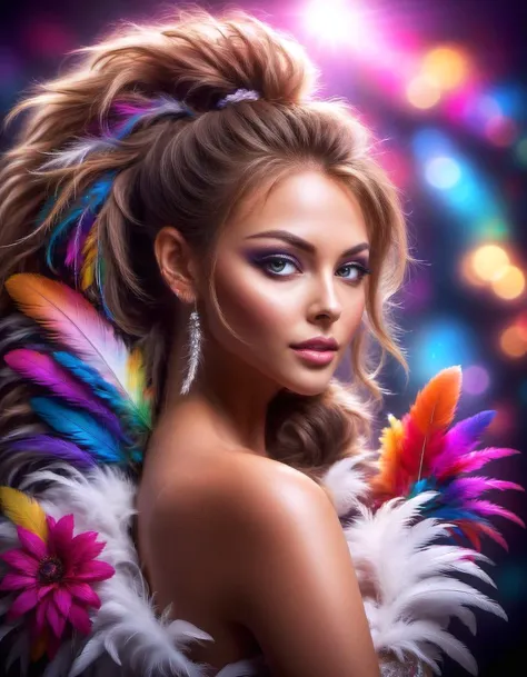 from behind, gorgeous supermodel, busty, 8k, hdr, high quality, ponytail big hair, perfect white teeth, huge eyes, vivid colors, feather blooms background, spectrum steam bokeh stage,