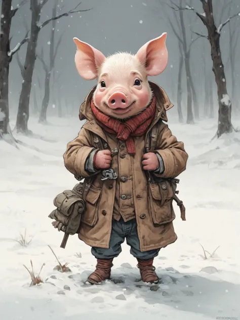 a pig in a coat and boots standing in the snow