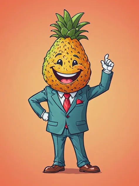 Marker Illustration, illustration of cartoon character anthropomorphic fruite smiling, (wearing a suite:1.4), dynamic pose, detailed,  <lora:Vintage_Marker:0.8>