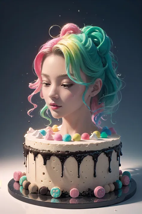 araffe girl with colorful hair and a cake with chocolate drips