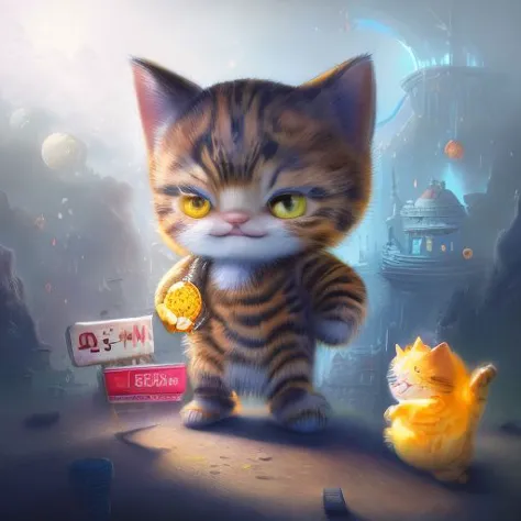 ((masterpiece:1.3,concept art,best quality)),very cute appealing anthropomorphic (kitten:1.3), looking at the fruit, big grin, happy, fruit, droplets, macro, fog, cartoon art, holding a sign that says ("404 error"), dynamic composition, dramatic lighting, epic realistic, award winning illustration