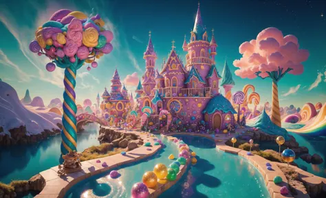 (Masterpiece, best quality:1.3), highly detailed, fantasy, , 8k, candyland, dynamic, cinematic, ultra-detailed, full background, fantasy, illustration, house, cake, roof, drip, sparkle, glitter, scenery, ((no humans)), drizzle, beautiful, (shiny:1.2), various colors, gumball machine, monolithic, bloom:0.4, sparkle, extremely detailed, multicolored theme, <lora:EMS-27722-EMS:1>