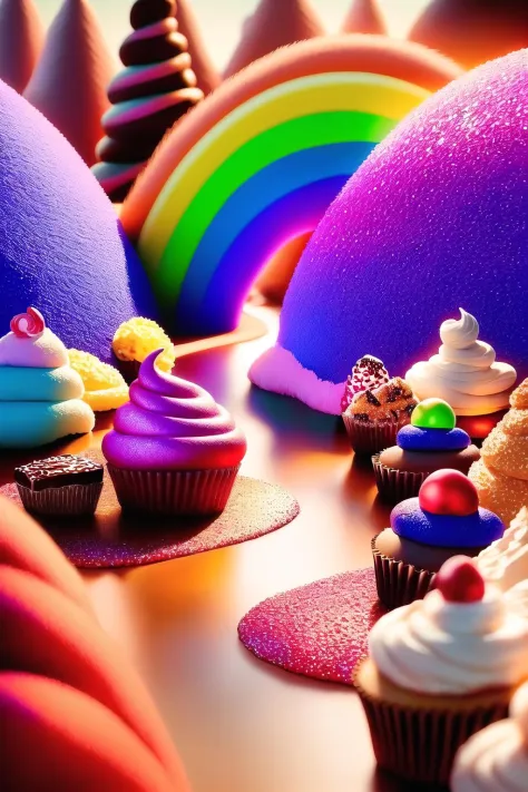 there are many cupcakes and other colorful cupcakes on a table