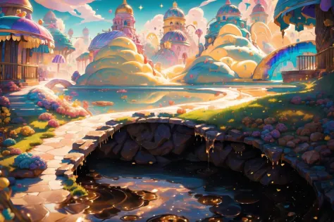 anime landscape with a stream and a castle in the distance