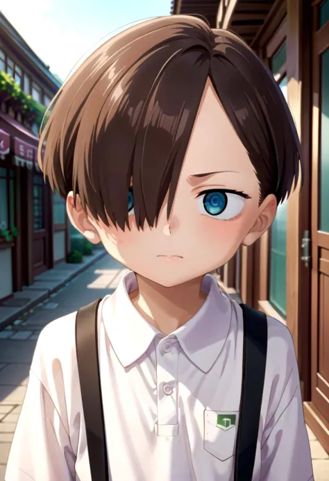 anime boy with blue eyes and suspenders standing in front of a building