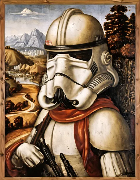 a painting of a stormtrooper with a rifle and a helmet