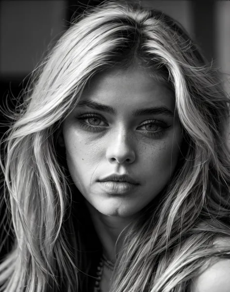 a black and white photo of a woman with long hair