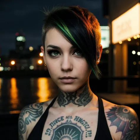 um contato visual de uma mulher emo tatuada colorida com cabelo curto e tema escuro, olhos verdes , cidade à noite