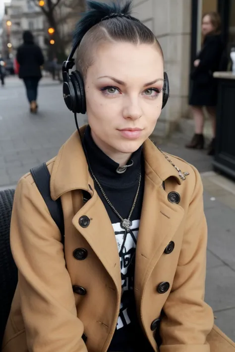 fotografia espontânea de An1t4B3ll1n1-135, uma mulher atraente e de estatura pequena, usando um casaco longo de lã texturizado, fechado e industrial, e fones de ouvido, sentada em um café em Neuilly-sur-Seine, bebendo um café expresso de uma pequena xícara de cerâmica,espanador,close-up médio,(3/4 tiros),(baixo crescimento),dia,ensolarado,((magrelo))punk