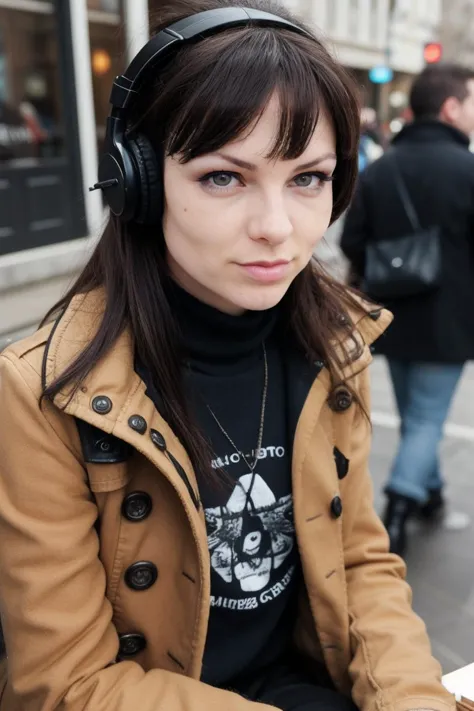 fotografia espontânea de An1t4B3ll1n1-135, uma mulher atraente e de estatura pequena, usando um casaco longo de lã texturizado, fechado e industrial, e fones de ouvido, sentada em um café em Neuilly-sur-Seine, bebendo um café expresso de uma pequena xícara de cerâmica,espanador,close-up médio,(3/4 tiros),(baixo crescimento),dia,ensolarado,((magrelo))punk