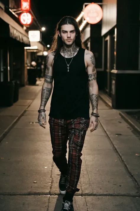 adult man  running on street at night, sleeveless shirt , plaid pants, off center, tattoos, , long hair ,(detailed eyes:0.8). in...