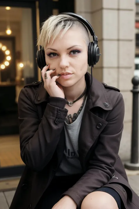 blond woman with headphones sitting on a bench in front of a building