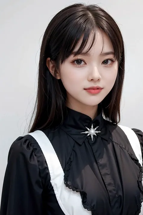 a close up of a woman wearing a black and white dress