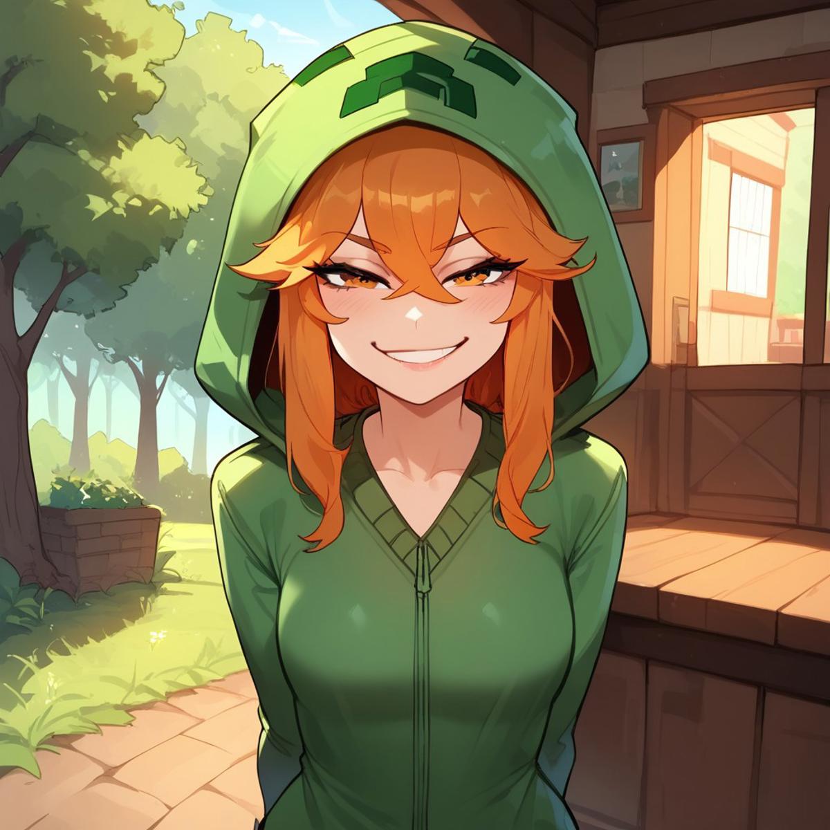 Anime girl in green outfit carrying a box in a park - SeaArt AI