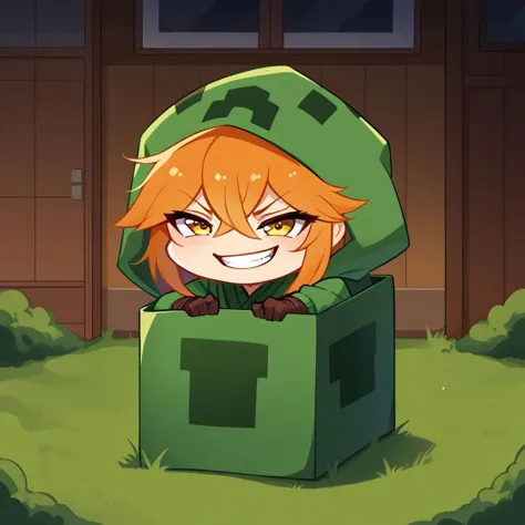 b0xe,chibi, in box,sitting,
mtcupa, orange hair, yellow eyes, green hoodie, hood, long sleeves, brown gloves, holding tnt, green...