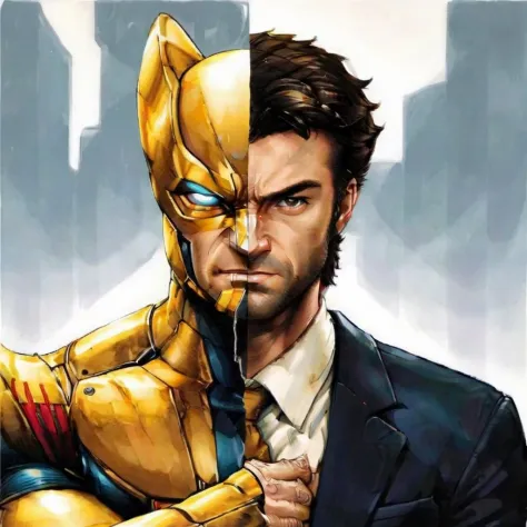 masterpiece,solo,Wolverine ,cartoon of a man, twofaces, <lora:twoface2:0.85>, business suit,operations uniform