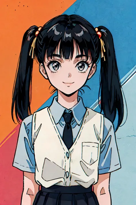 anime girl with ponytails and a tie standing in front of a colorful background