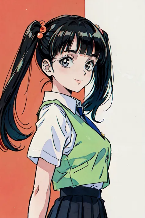 anime girl with ponytail in green and white shirt and skirt