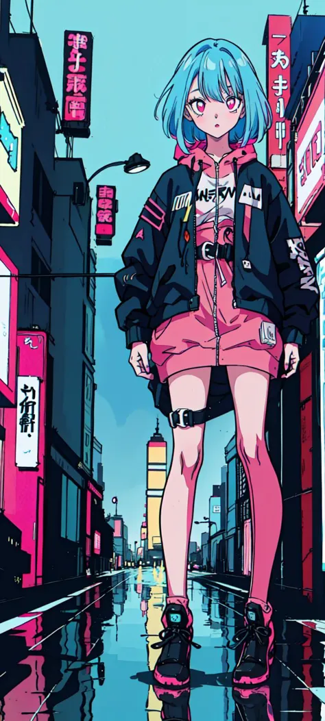 a woman in a pink dress and black jacket standing on a city street