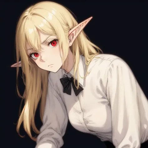 anime girl with long blonde hair and red eyes in white shirt