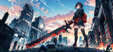 anime girl with a sword standing on a city street