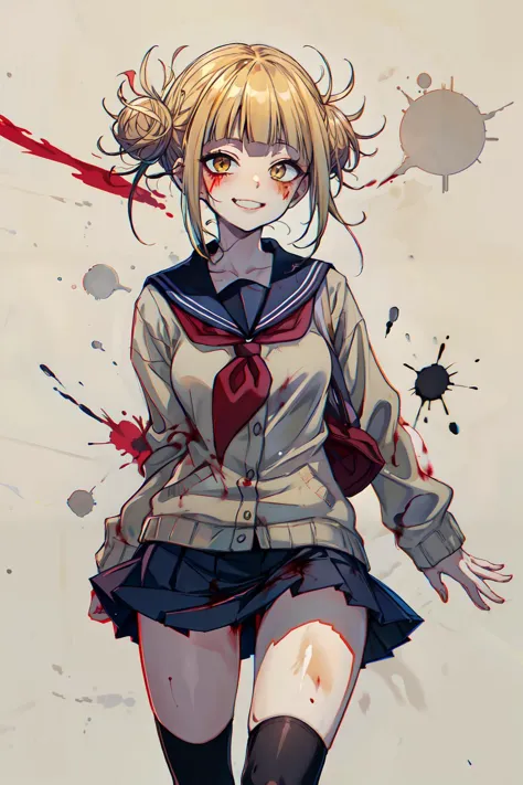 anime girl with blonde hair and a school uniform with blood splatters